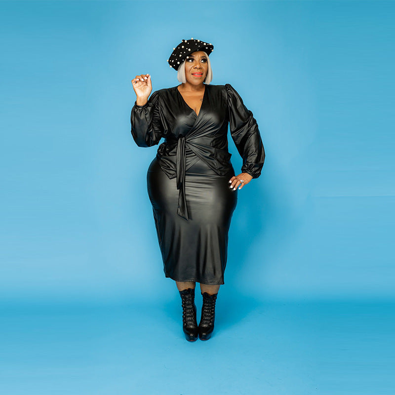 PU Leather Ruched Long Balloon Sleeve Sleeve Solid Color Women's Maxi Dress w/ Sash Belt to 5X Plus Size