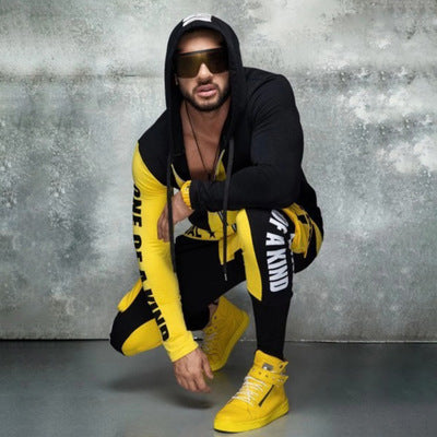 Men's Colorblock Letter Print Hip-Hop Zipper Hoodie Jacket + Skinny Jogger Sweatpants Tracksuit
