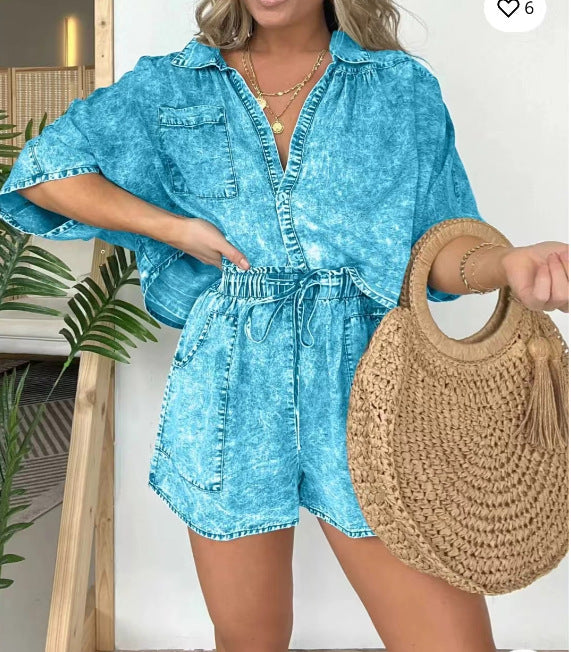 Loose Denim Women's Batwing Short Sleeve Button-Up Shirt + Drawstring Pocketed Shorts 2-Piece Set to 3X Plus Size