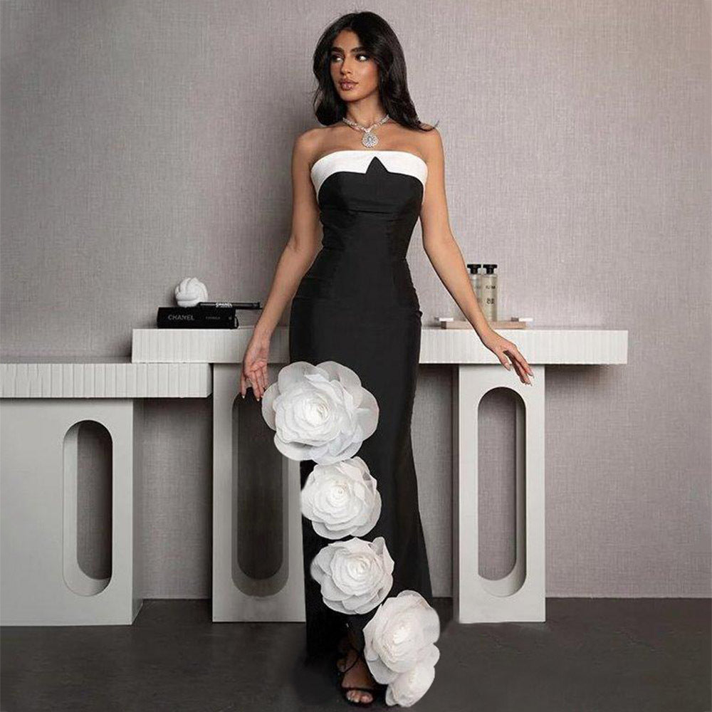 Black Backless Strapless 3D Flower Embroidered Formal Tube Party Maxi Dress