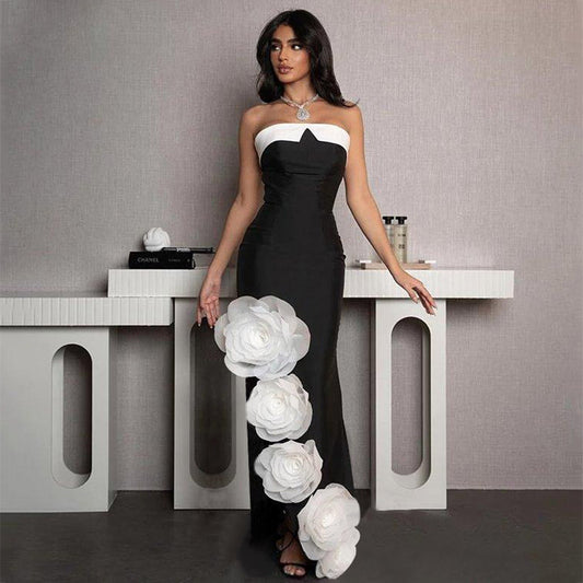 Black Backless Strapless 3D Flower Embroidered Formal Tube Party Maxi Dress