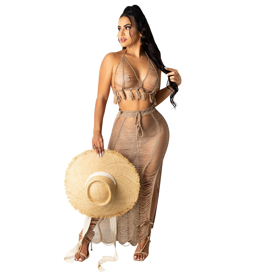 Transparent Hanging Tassel Knitted Bikini Top+ Sheer Fringe Maxi Beach Skirt Women's 2-Piece Set