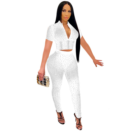Mesh Hot Drill Women's Sparkling Rhinestone Sheer Short Sleeve V-Neck Crop Top + Skin Tight Leggings 2-Piece Set