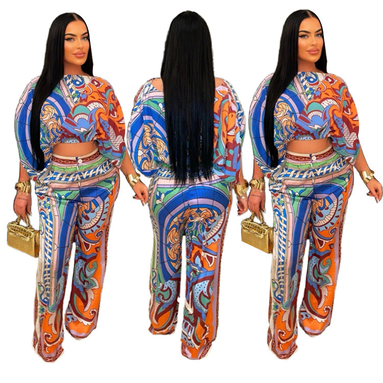 Off-the-Shoulder Geometric Floral Cropped Lantern Sleeve Blouse + Pants Women's 2-Piece Set