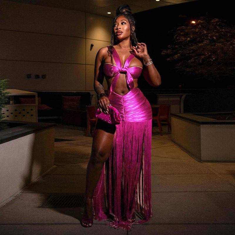 Shiny Rose Red Hanging Tassel Fringe Butterfly Strap Hollow-Out Sexy Maxi Dress