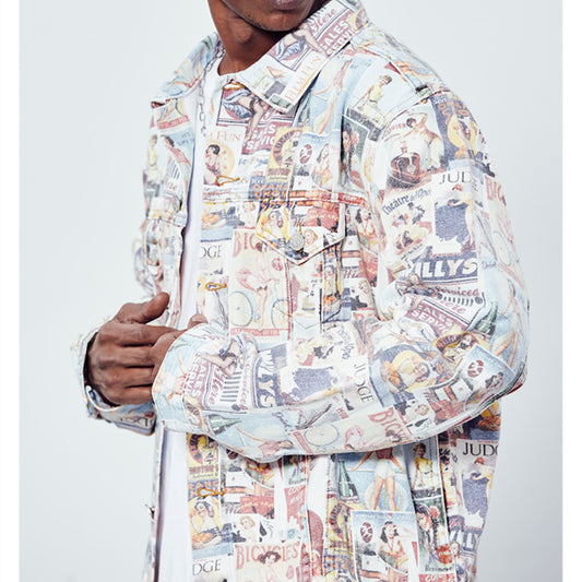 Men's Art Magazine Print Hip-Hop Washed Vintage Loose Cowboy Jean Jacket
