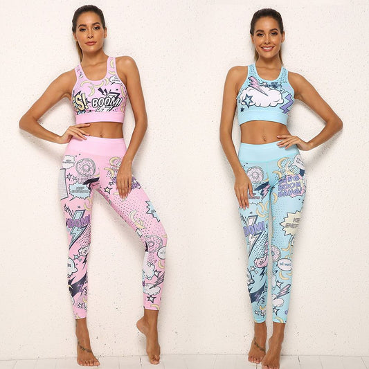 Graffiti Print Sport Bra + Gym Workout Leggings Women's 2-Piece Set