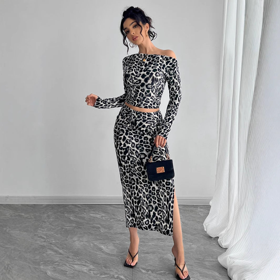 Black/Grey Leopard Print Long Sleeve Shirt + High Slit Maxi Skirt Women's 2-Piece Set