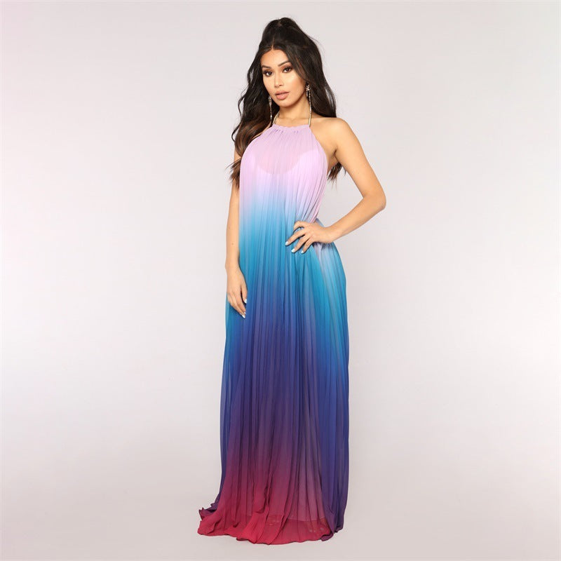 Gradient Colorblock Pleated Sleeveless Ruched Chiffon Halter Formal Maxi Dress
