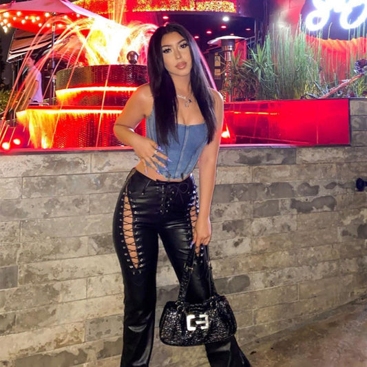 Hollow-Out Faux Leather Straight Women's Ankle Pants