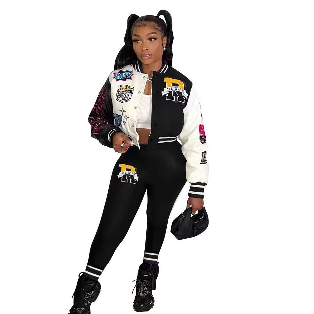 Colorblock Varsity Women's Hip-Hop Letterman's Baseball Bomber Jacket + Sweatpants 2-Piece Set