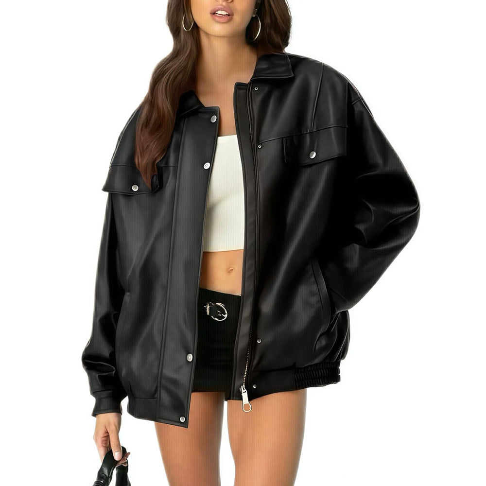 PU Leather Double Pocket Button-Up Design Turn-Down Collar Women's Loose Biker Motorcycle Jacket