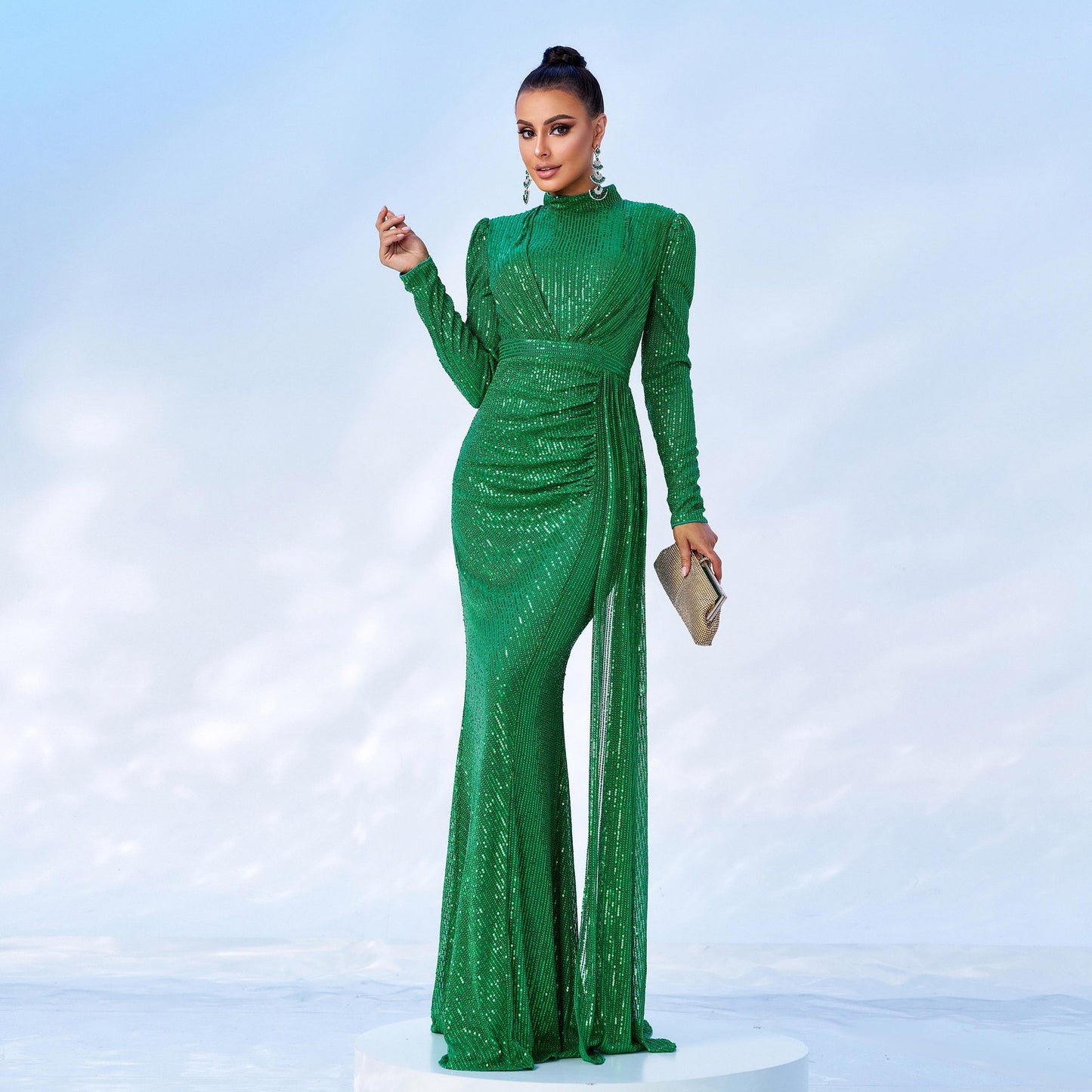 Glitter Sparkling Sequin Design Ruched Pleat3d Long Sleeve O-Neck Formal Floor-Length Dress