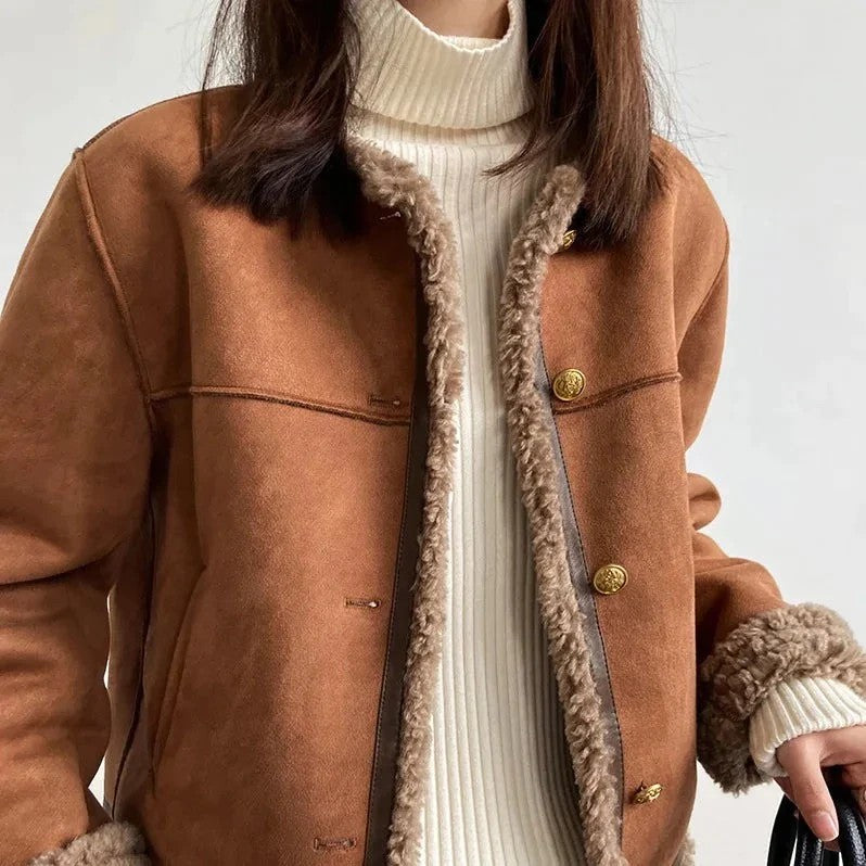 Lamb Faux Fur Plush Fleece Lined  Mandarin Collar Women's Button-Up Jacket