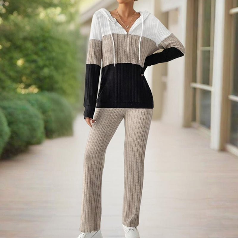 Knitted Ribbed Drawstring Striped Colorblock Long Sleeve Zipper Hoodie Sweatshirt + Wide Leg Sweatpants Women's Tracksuit