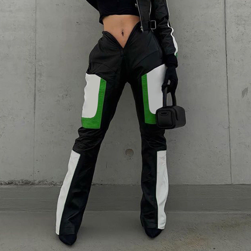 PU Leather Contrast Colorblock V-Shaped Waist Design Women's Pants