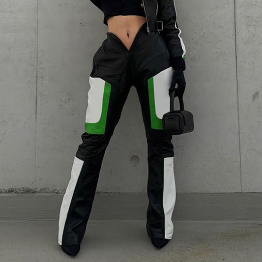 PU Leather Contrast Colorblock V-Shaped Waist Design Women's Pants