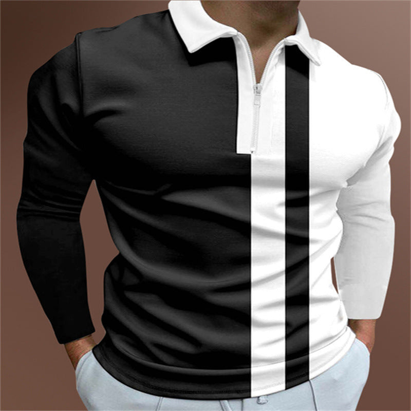 Men's Striped Colorblock Print Short Sleeve Zipper Turn-Down Collar Polo Shirts