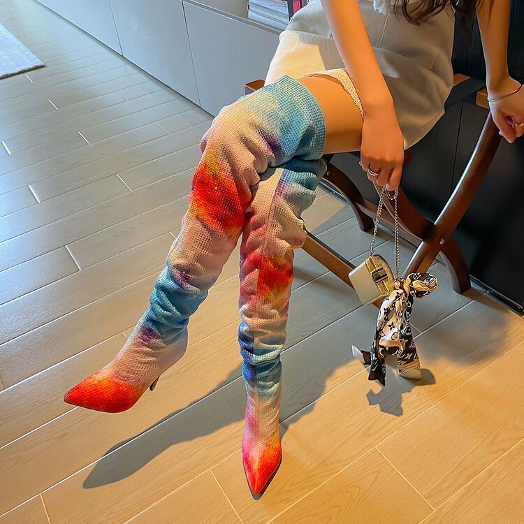 Iridescent Hot Pink/White/Blue Colorblock Tie-Dye Print Skinny Heel Over-the-Knee Elastic Boots