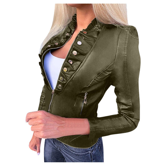 PU Leather Ruffled Gold Button Design Skinny Women's Zipper Biker Jacket to 5X Plus Size