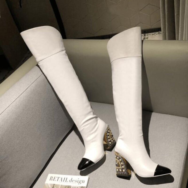 Women's Fashion Mirror Colorblock High Heel Over Knee Boots