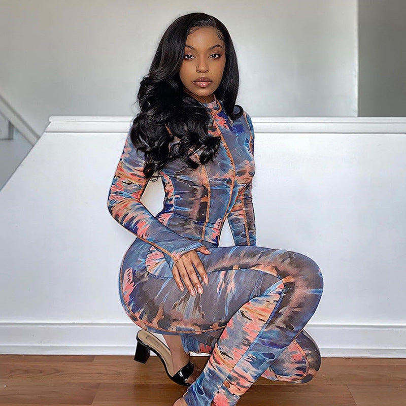 Geometric Multi-Colored Print Mock Neck Long Sleeve Skinny Jumpsuit