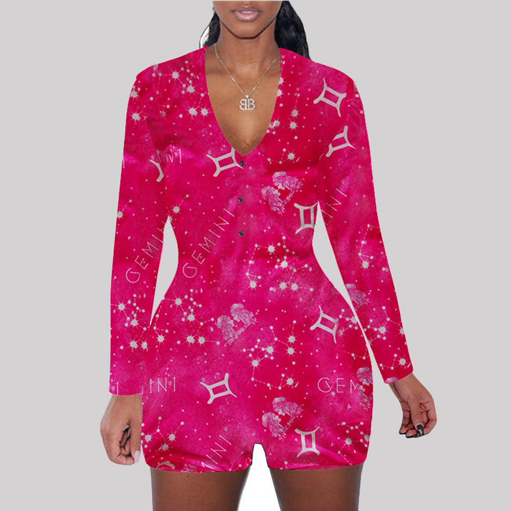 Astronomy Print Long Sleeve V-Neck Bodycon Women's One Piece Shorts Romper