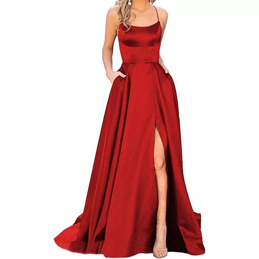 Silk Solid Color Halter Spaghetti Strap High Slit Bridesmaid/Party Formal Dress to 3X Plus Size