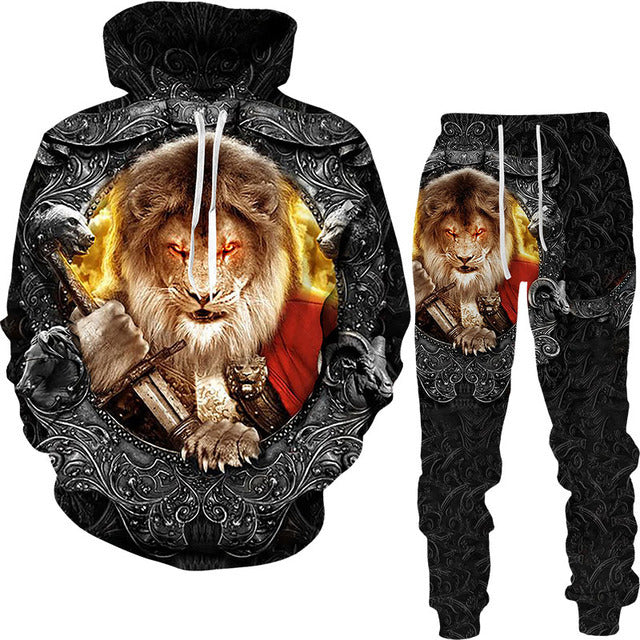 Men's 3D Lion King Print Drawstring Hoodie Sweatshirt + Sweatpants Tracksuit