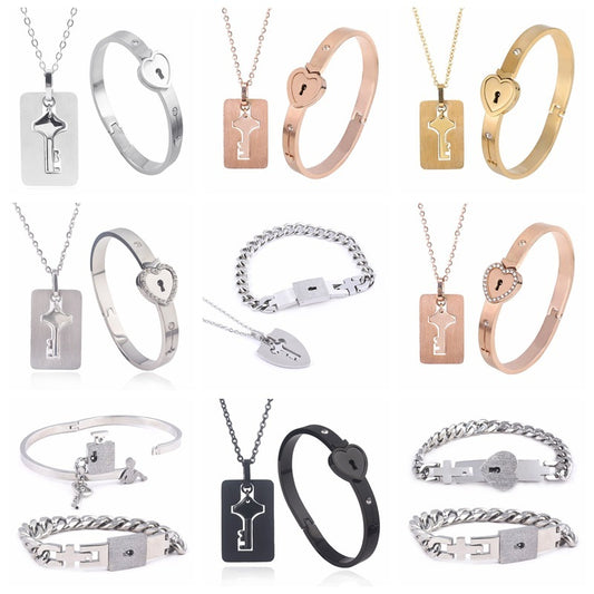 Titanium Sparkling Steel Couple Love Lock Chain Necklace + Bracelet Key Set