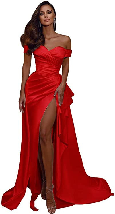 Oversized Ruched Ruffled Off-the-Shoulder High Slit Floor-Length Evening Gown Maxi Formal Party Dress to 20W Plus Size