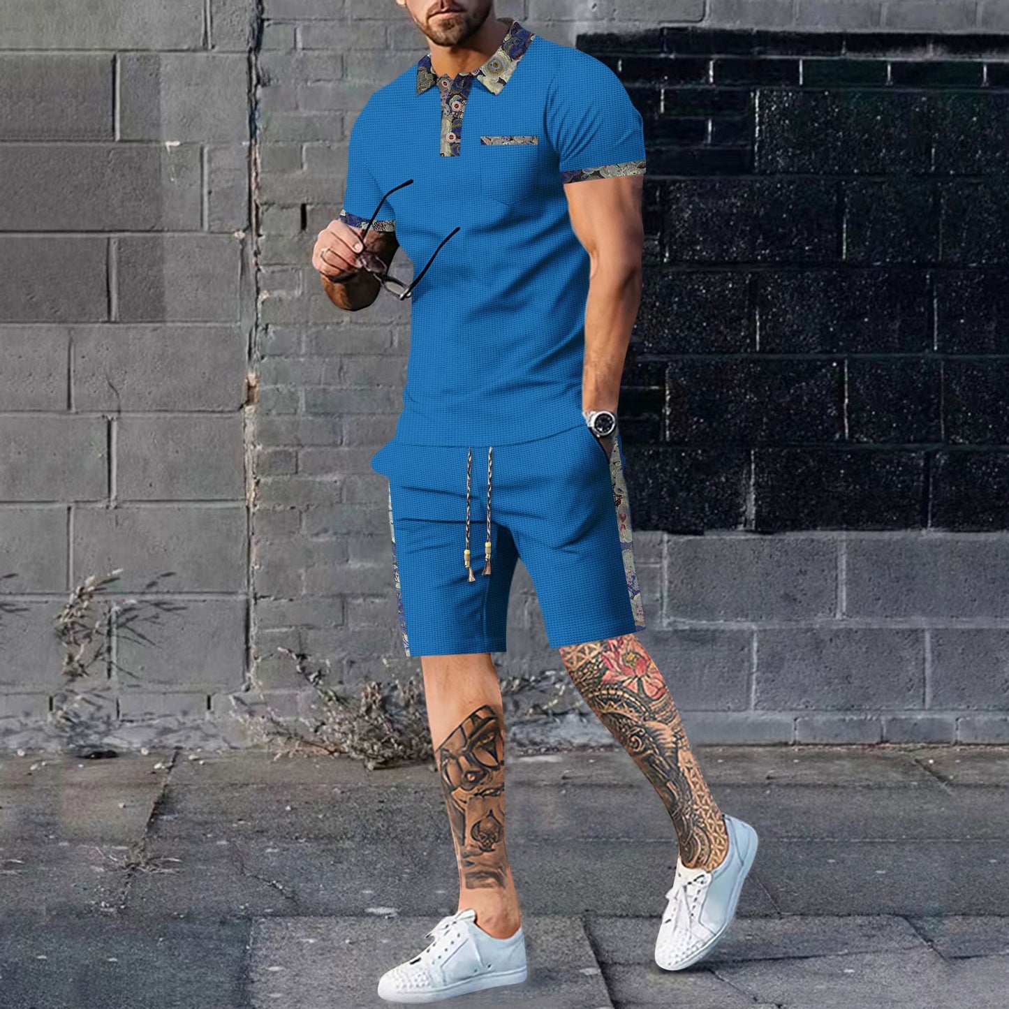 Men's Waffle Pattern Polo Shirt + Drawstring Shorts 2-Piece Set