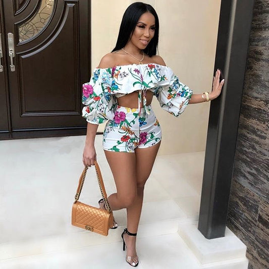 Tropical Floral Print Off-the-Shoulder Long Pile Sleeve Women's Top + Mini Shorts 2-Piece Set