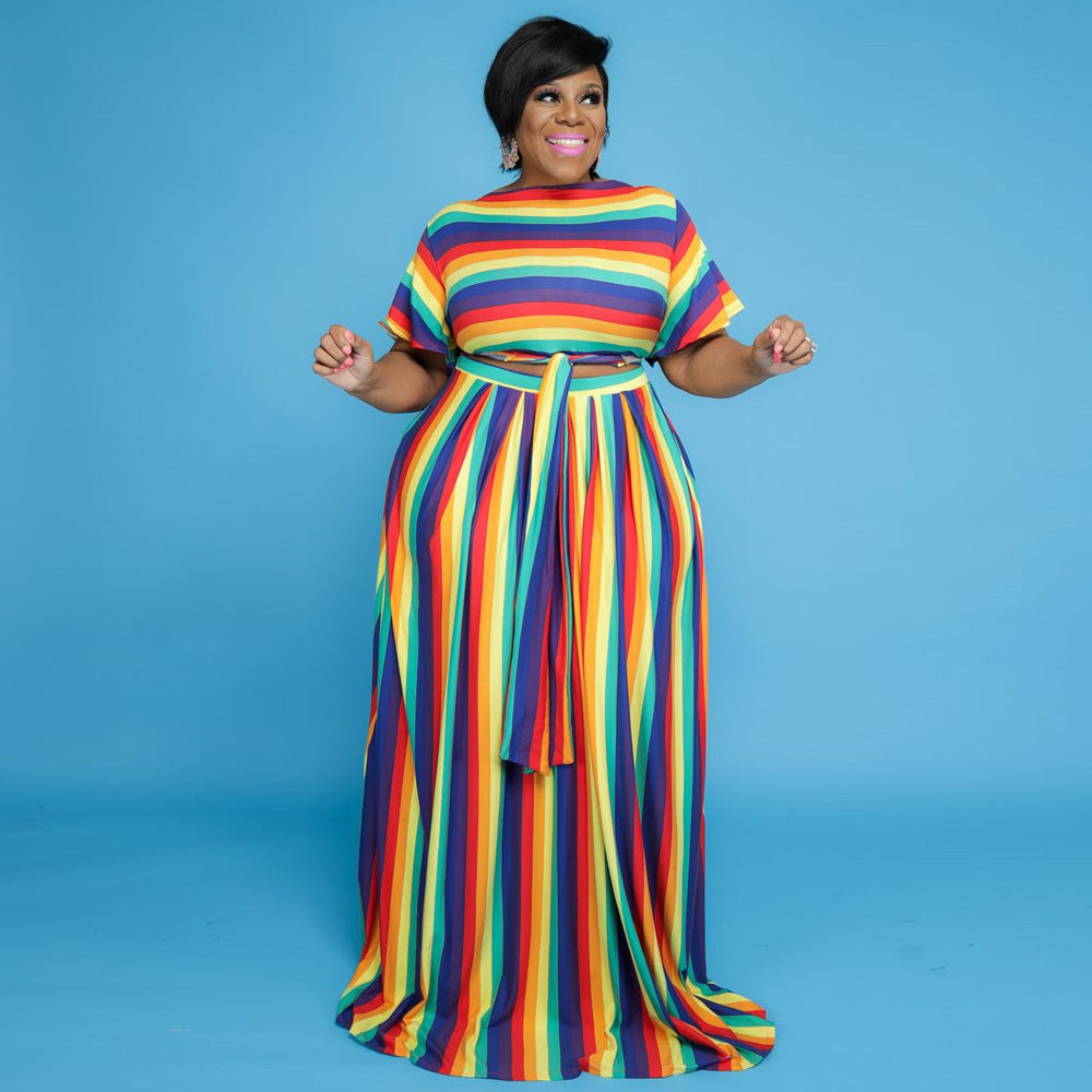 Rainbow Striped Lace-Up Women's Short Sleeve Crop Top + Maxi Skirt Skirt 2-Piece Set to 5X Plus Size