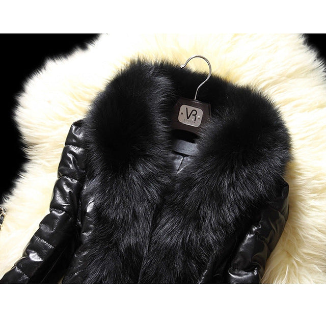 Black Shiny PU Leather Faux Fur Collar Women's Jacket
