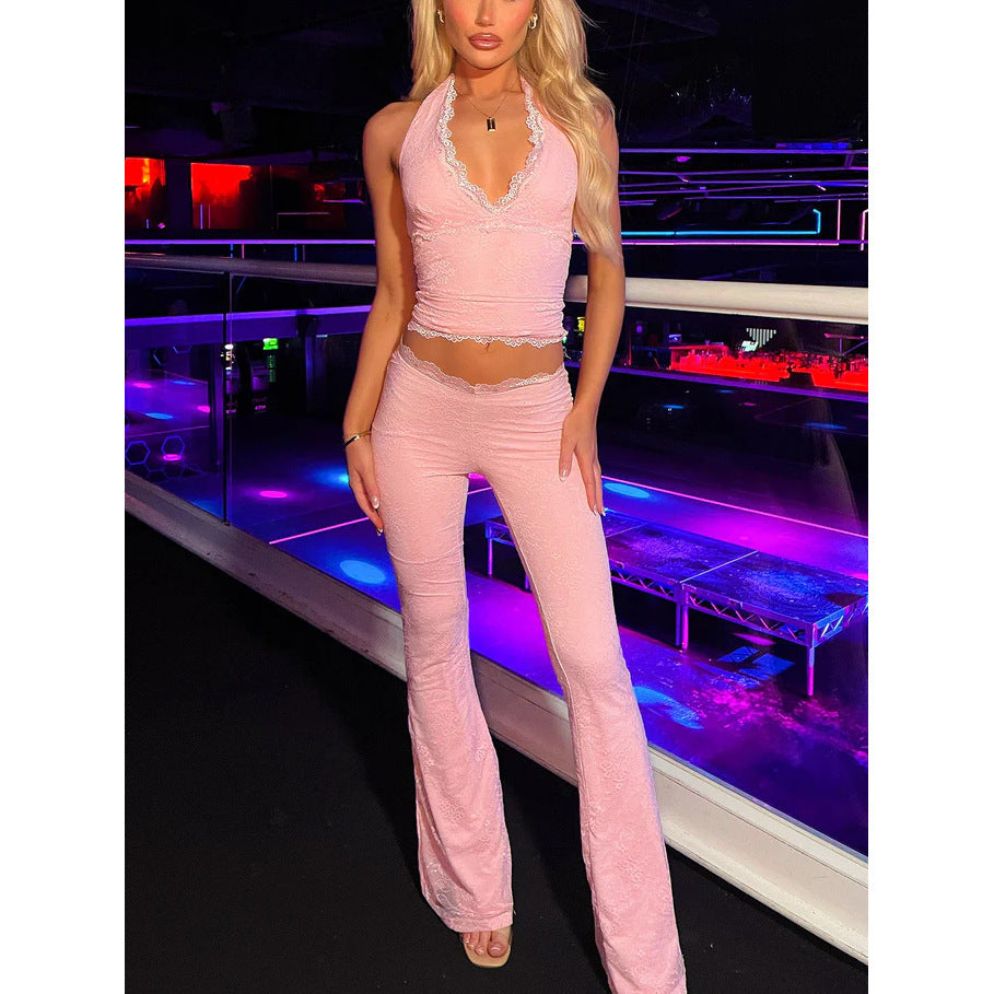 Lace Trim Sleeveless Women's V-Neck Halter Top + Skinny Elastic Waist Leggings 2-Piece Set