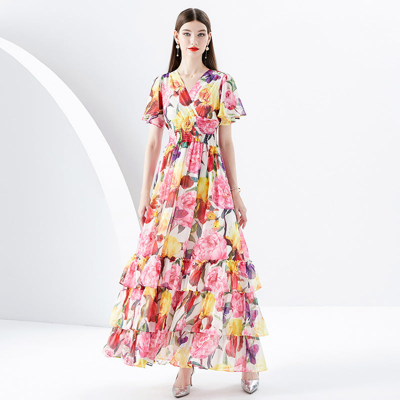 Rose Flower Multi-Colored Print Short Sleeve V-Neck Tiered Ruffled Maxi Dress
