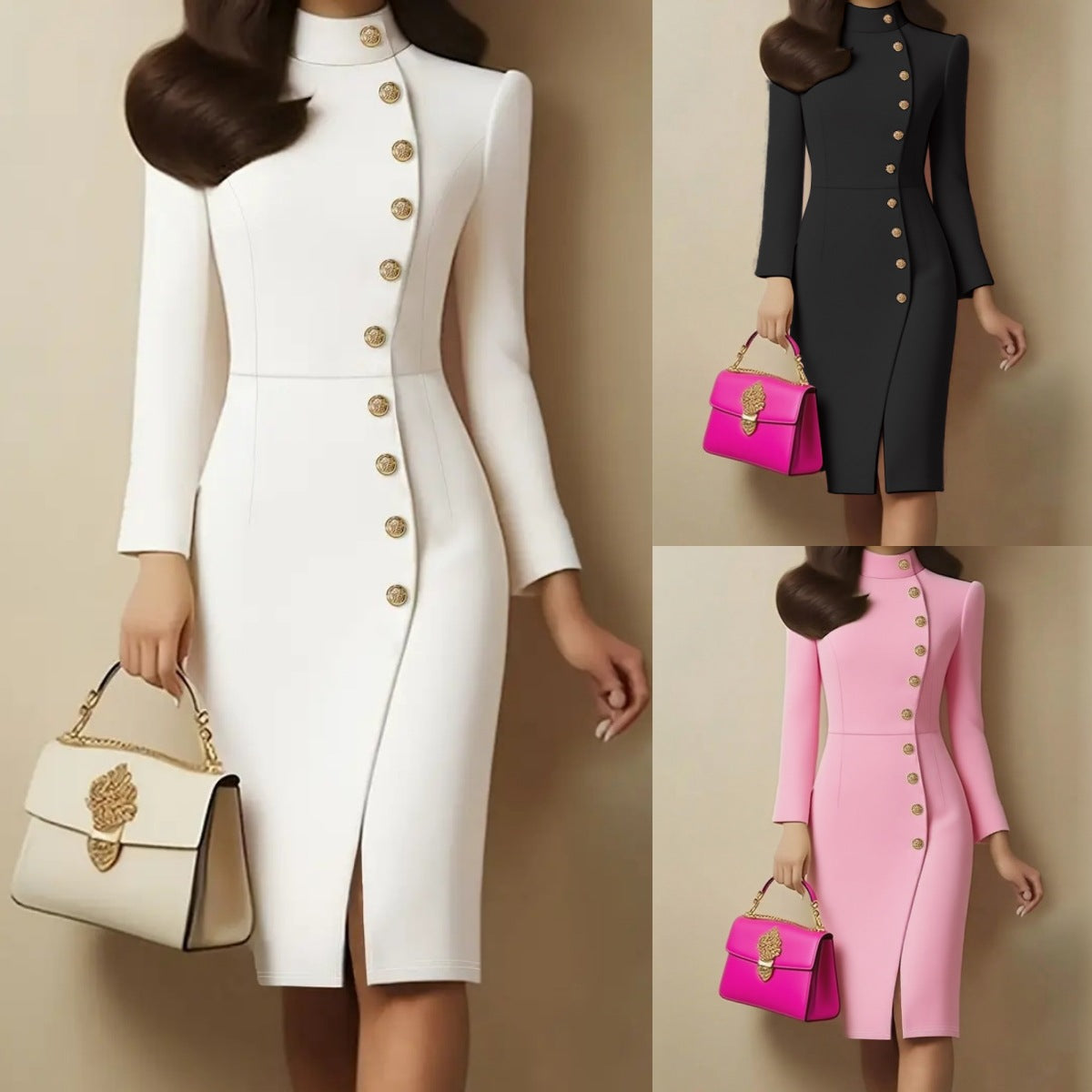 Gold Button Design Long Sleeve Stand Collar Skinny Business Dress