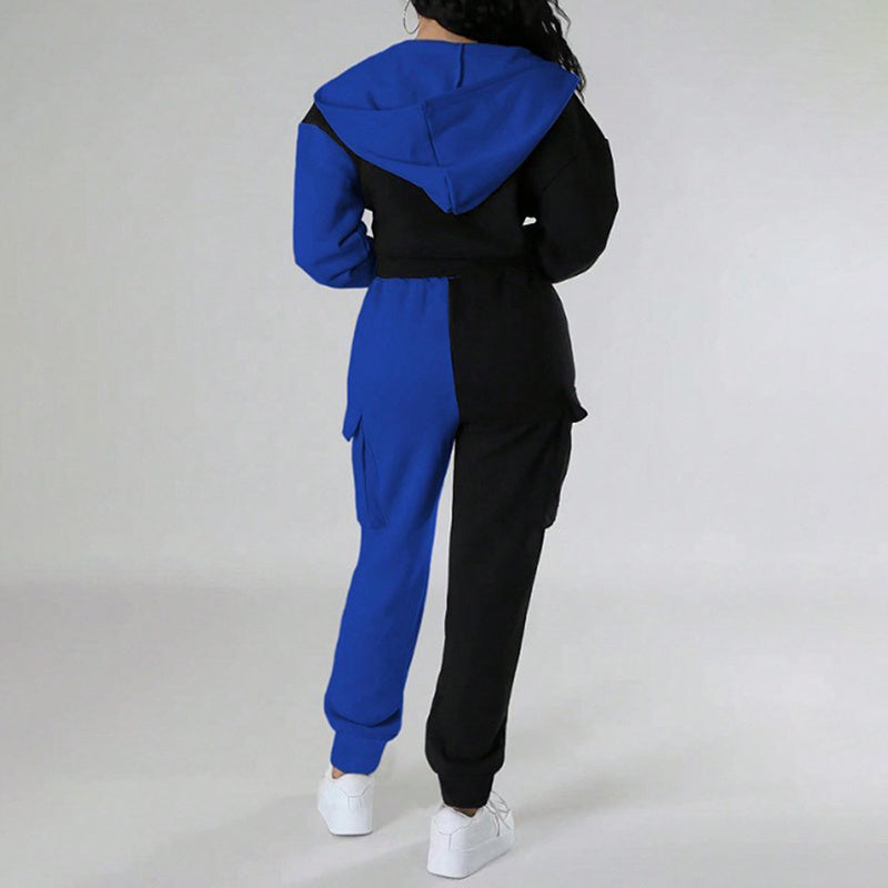 Colorblock Streetwear 2-Tone Cropped Zipper Sports Hoodie Jacket & Drawstring Cargo Pocketed Sweatpants Women's Tracksuit to 3X Plus Size