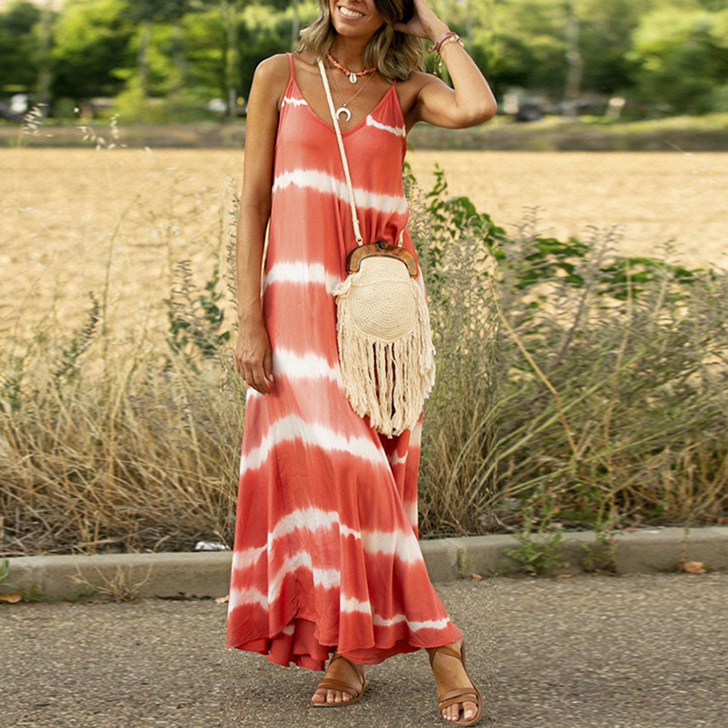 Striped Spaghetti Strap Tie-Dye Sleeveless Maxi Dress