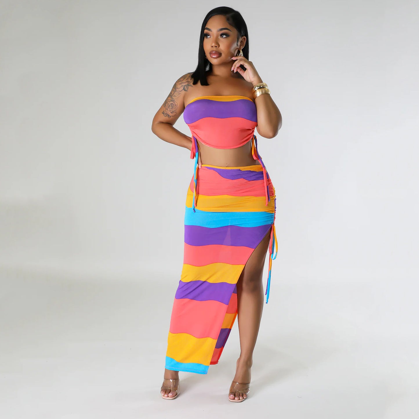 Pastel Rainbow Striped Drawstring Women's Tube Top + Maxi High Slit Skirt 2-Piece Set