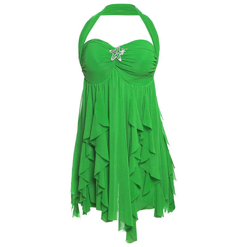Halter Neck Backless  Printed Irregular Mesh Mini Dress