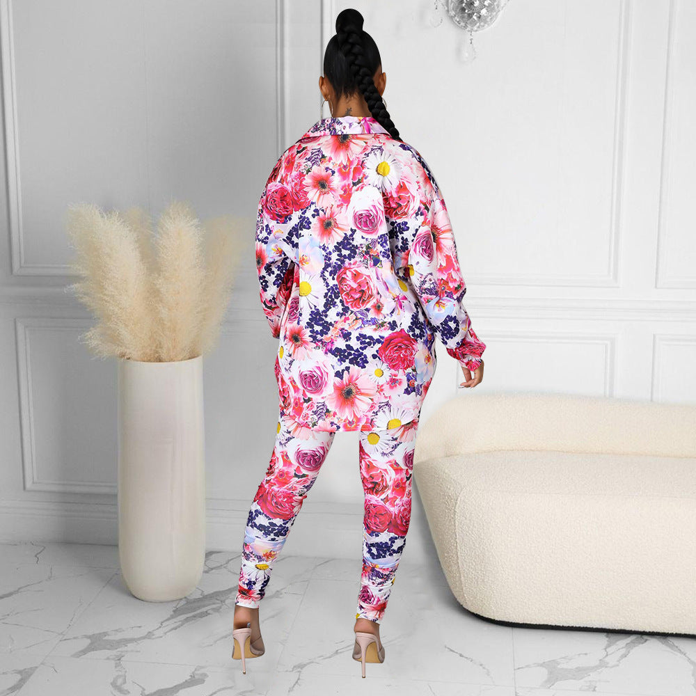 Big Flower Multi-Colored Print Long Sleeve Turn-Down Collar Blouse + Leggings 2-Piece Suit