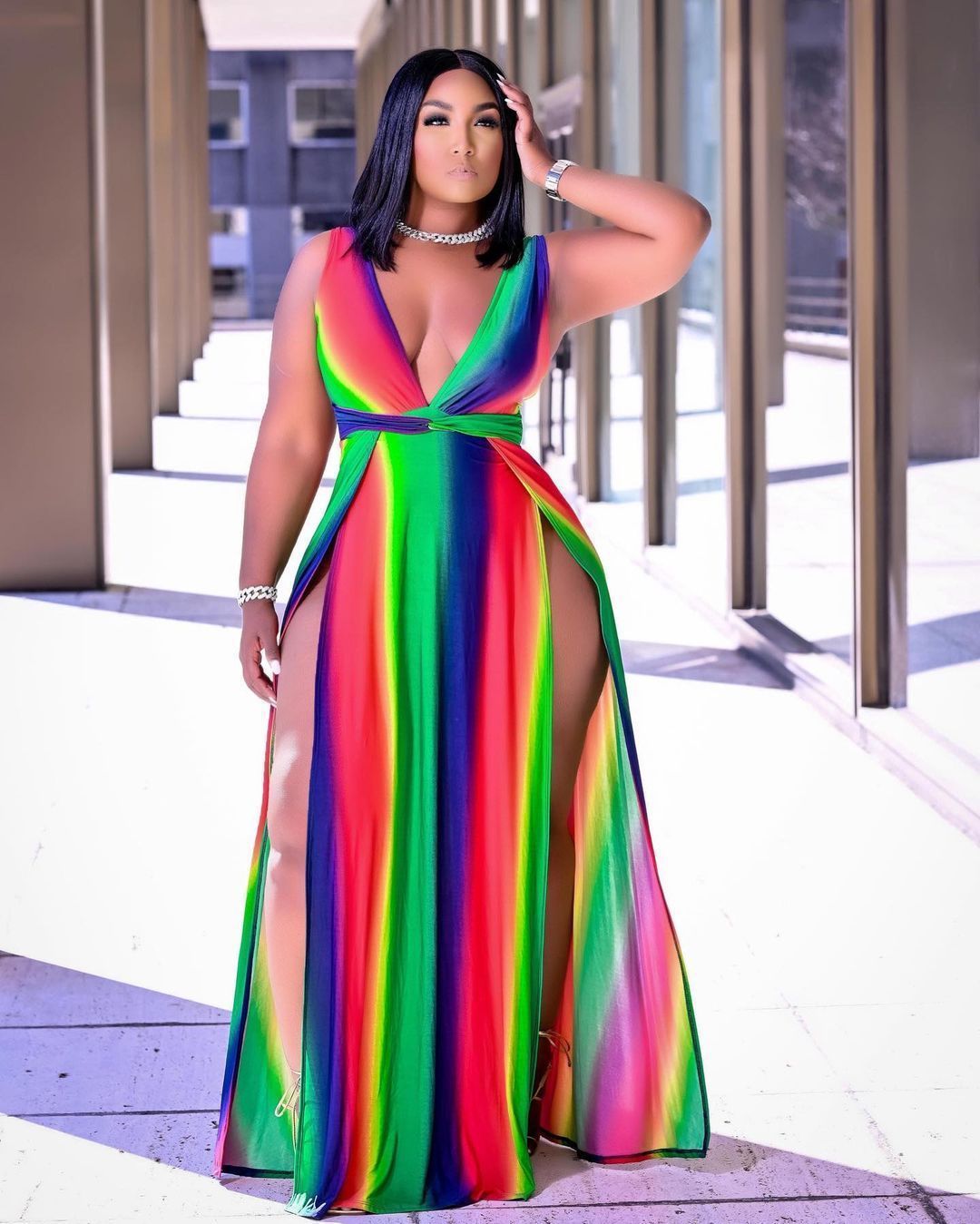 Rainbow Striped Multicolor Big Swing V-Neck Sleeveless Spaghetti Strap Double High Side Slit Maxi Sundress to 5X Plus Size