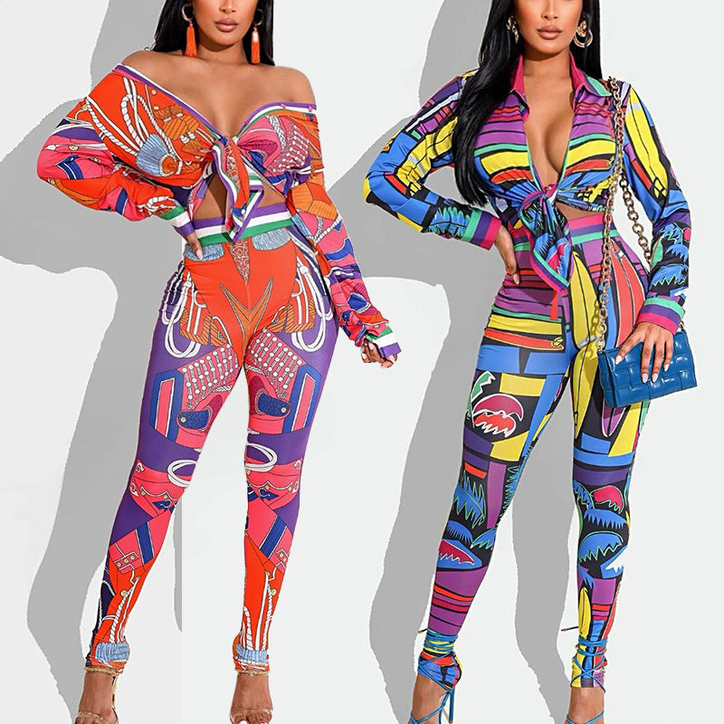 Tropical Printed Long Sleeve Women's Lace-Up Crop Top + Skin Tight Leggings 2-Piece Set