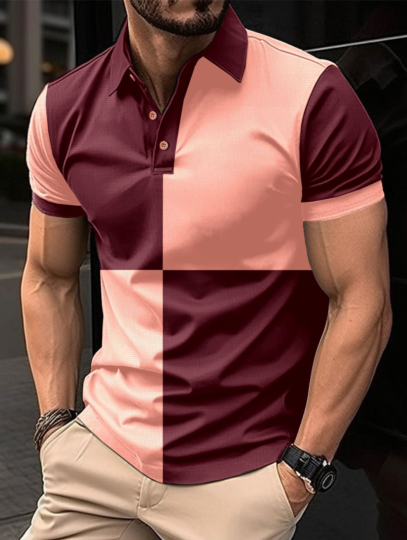Colorblock Checker Print Turn-Down Collar Button-Up Polo Shirt