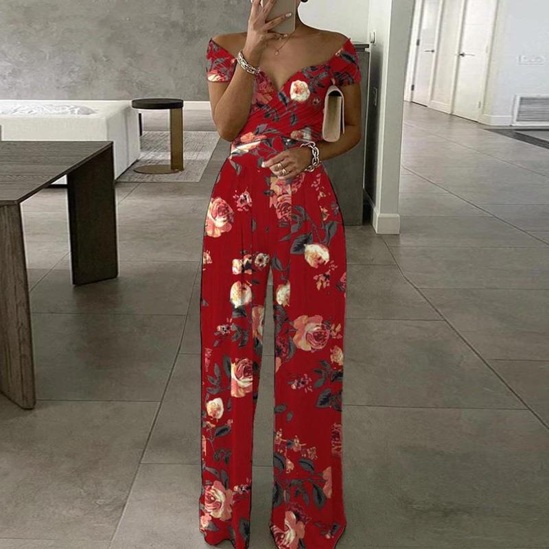 Striped/Floral Print Women's Off-the-Shoulder Temperament Casual High Waist Jumpsuit to 3X Plus Size
