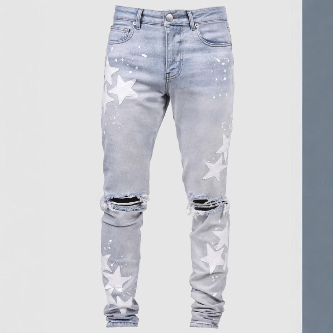 Men's Star Print Hip-Hop Denim Faded Ripped  Skinny Stretch Jeans