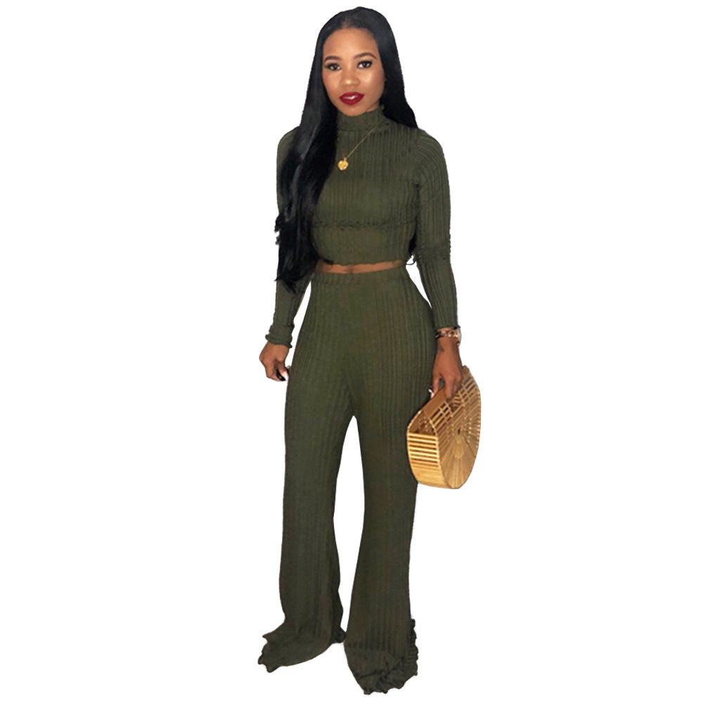 Ribbed Turtleneck Long Sleeve O-Neck Women's Long Sleeve Crop Top + Wide Leg Leggings 2-Piece Set