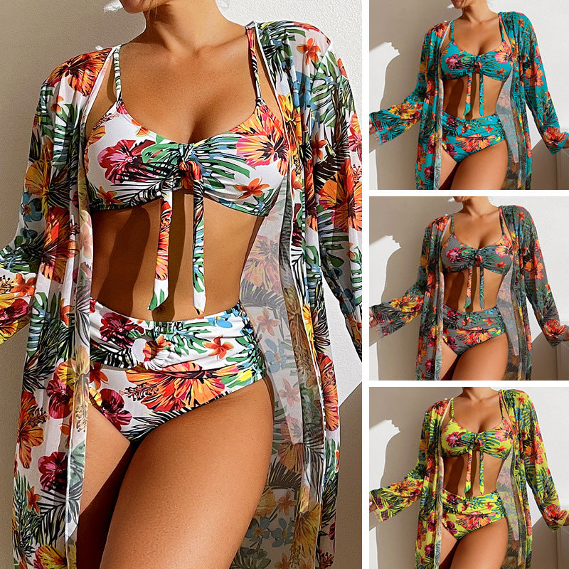 Tropical Flower Print Long Sleeve Swimwear Cardigan Cover-Up +Lace-Up Bikini Swimsuit 3-Piece Set to 3X Plus Size